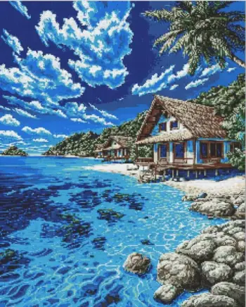 Tropical resort beach diamond painting kit with palm trees and blue water