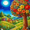 Whimsical moonlit tree diamond painting with colorful village and flowers