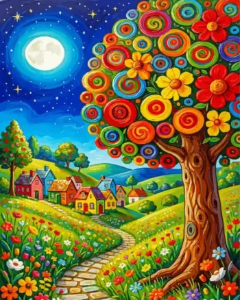Whimsical moonlit tree diamond painting with colorful village and flowers