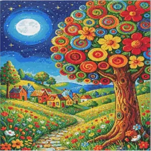 Whimsical moonlit tree diamond painting with colorful village and flowers