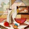 Abstract still life diamond painting kit with artistic shapes and colorful compositions