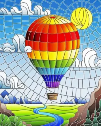 Air balloon flight diamond painting kit featuring colorful hot air balloons floating across the sky