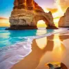 Algarve Sea Arch at Sunset diamond painting kit — golden rock arch overlooking turquoise water and sandy beach