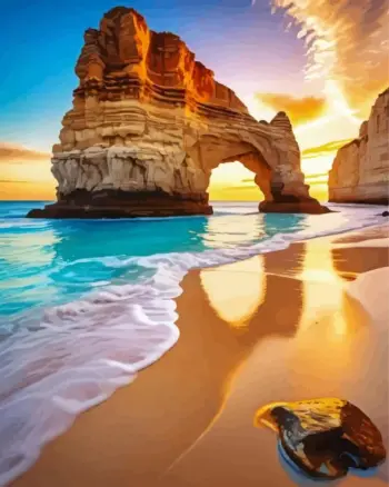 Algarve Sea Arch at Sunset diamond painting kit — golden rock arch overlooking turquoise water and sandy beach