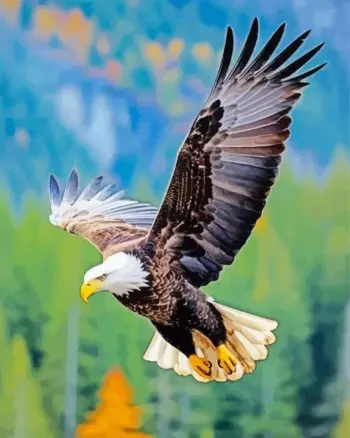 Bald eagle in flight diamond painting kit — majestic eagle soaring with outstretched wings against a colorful forest background