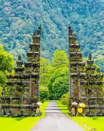 Bali Handara Gate diamond painting kit — traditional Balinese split gate surrounded by lush green mountains