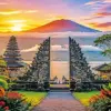 Bali temple diamond painting kit — traditional Balinese split gate with Mount Agung and colorful sunset sky