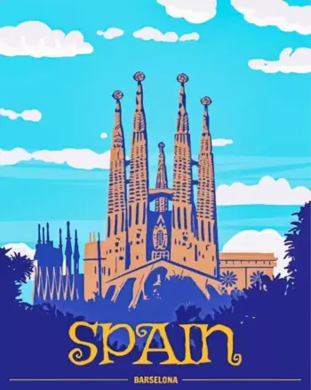 Barcelona Spain poster diamond painting with colorful architecture and iconic city landmarks