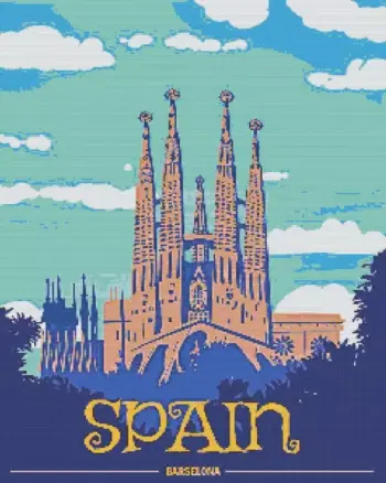 Barcelona Spain poster diamond painting with colorful architecture and iconic city landmarks