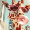 Bubblegum Giraffe diamond painting kit — funny giraffe wearing pink sunglasses and blowing a pink bubblegum bubble