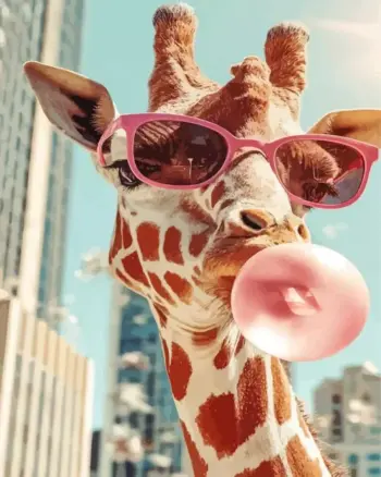 Bubblegum Giraffe diamond painting kit — funny giraffe wearing pink sunglasses and blowing a pink bubblegum bubble