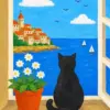 Cat in window diamond painting kit with cozy window scene