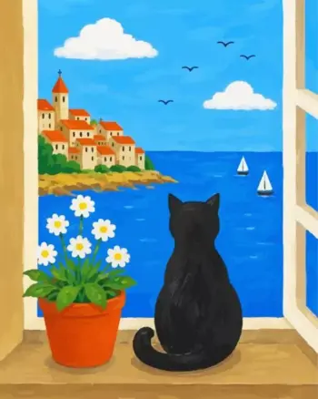 Cat in window diamond painting kit with cozy window scene