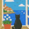 Cat in window diamond painting kit with cozy window scene