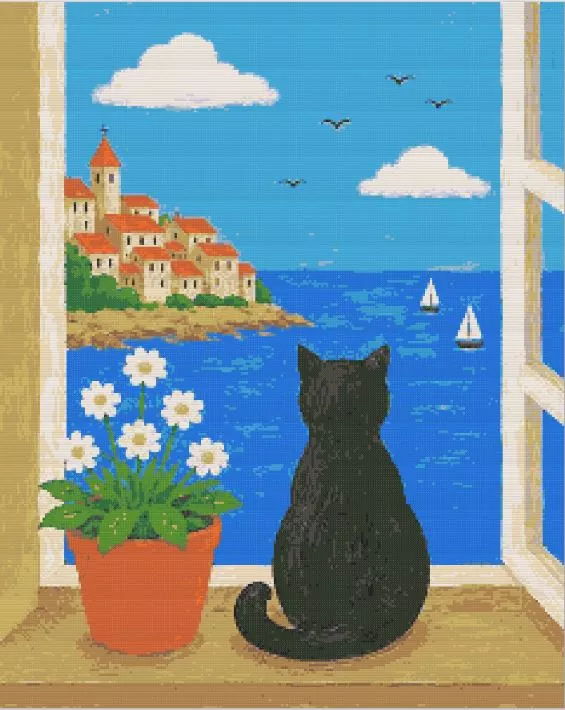 Cat In Window Diamond Paints Cat in window diamond painting kit with cozy window scene