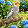 Cockatiel diamond painting kit — charming cockatiel surrounded by colorful hydrangea flowers