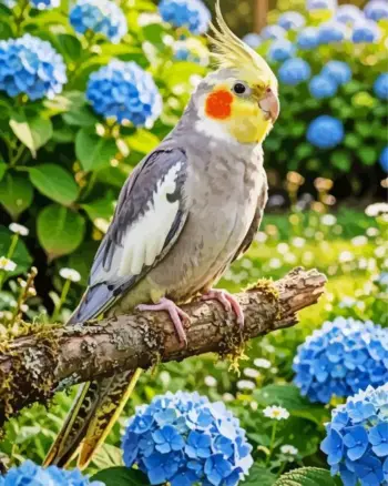 Cockatiel diamond painting kit — charming cockatiel surrounded by colorful hydrangea flowers