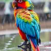 Colorful parrot diamond painting kit featuring a vibrant tropical bird with bright feathers in the rain