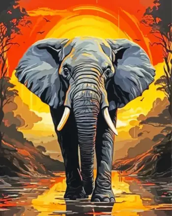 Elephant at sunset diamond painting kit — African elephant beneath a glowing orange sky