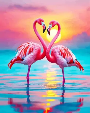 Two pink flamingos forming a heart at sunset over turquoise water