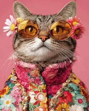 Floral cat diamond painting kit — stylish cat wearing sunglasses surrounded by colorful flowers