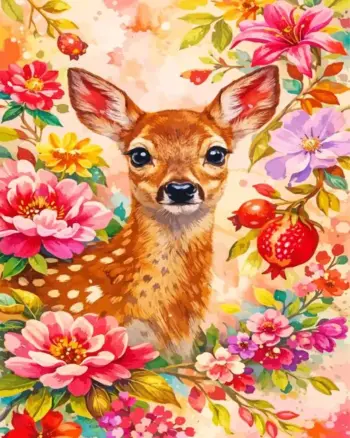 Floral fawn portrait diamond painting kit — young deer surrounded by colorful flowers