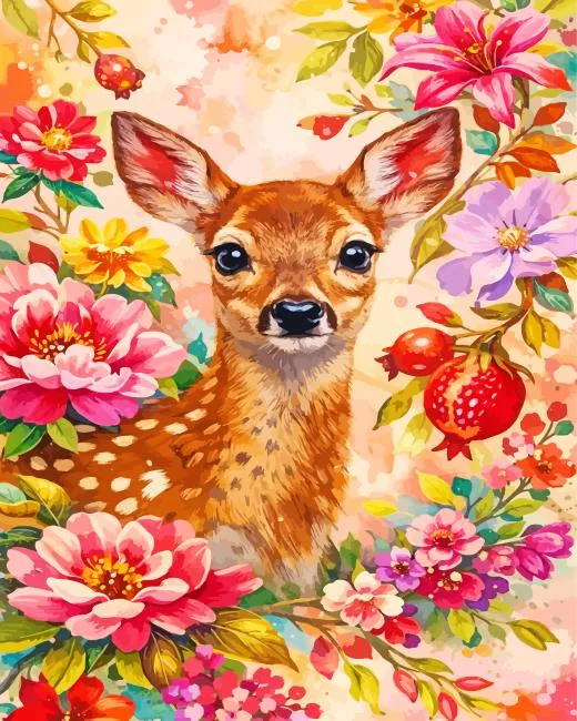 Floral Fawn Portrait Diamond Painting Floral fawn portrait diamond painting kit — young deer surrounded by colorful flowers