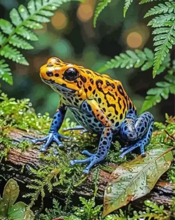 Golden poison dart frog diamond painting kit — bright yellow frog surrounded by tropical greenery