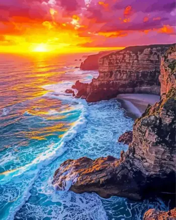 Golden Sunset Coastal Cliffs diamond painting kit — colorful sunset over rugged ocean cliffs and crashing waves
