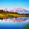 Grand Teton diamond painting kit — snow-capped Teton mountains reflected in a calm lake surrounded by green meadows