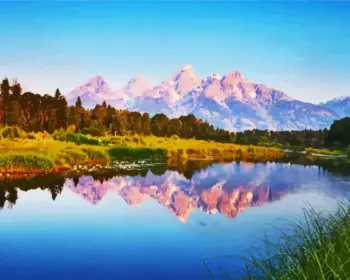 Grand Teton diamond painting kit — snow-capped Teton mountains reflected in a calm lake surrounded by green meadows