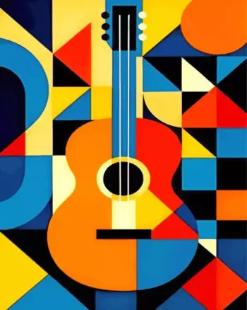 Geometric pop art guitar diamond painting kit with colorful shapes and modern design