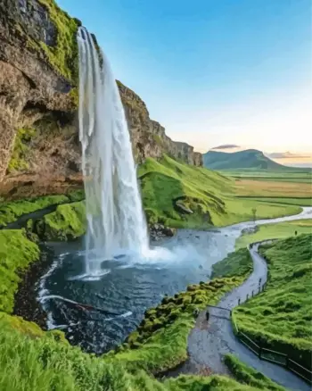 Iceland waterfall valley diamond painting kit with cascading waterfalls and green cliffs