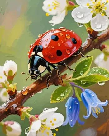 Ladybug on Blossoms diamond painting kit — red ladybug with water droplets on a flowering branch