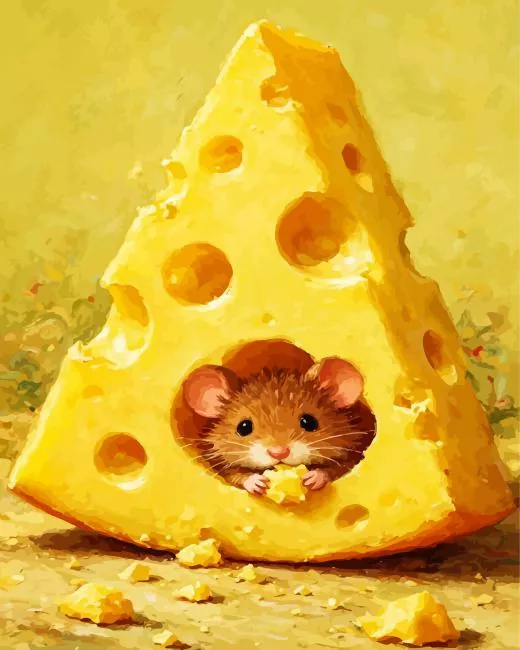 Little Mouse in Cheese Diamond Painting Kit Little Mouse in Cheese diamond painting kit — cute brown mouse peeking through a hole in a giant piece of yellow cheese