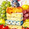 Little Mouse on Cheese diamond painting kit — cute gray mouse sitting on stacked cheese surrounded by fruits and food