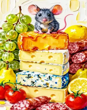 Little Mouse on Cheese diamond painting kit — cute gray mouse sitting on stacked cheese surrounded by fruits and food