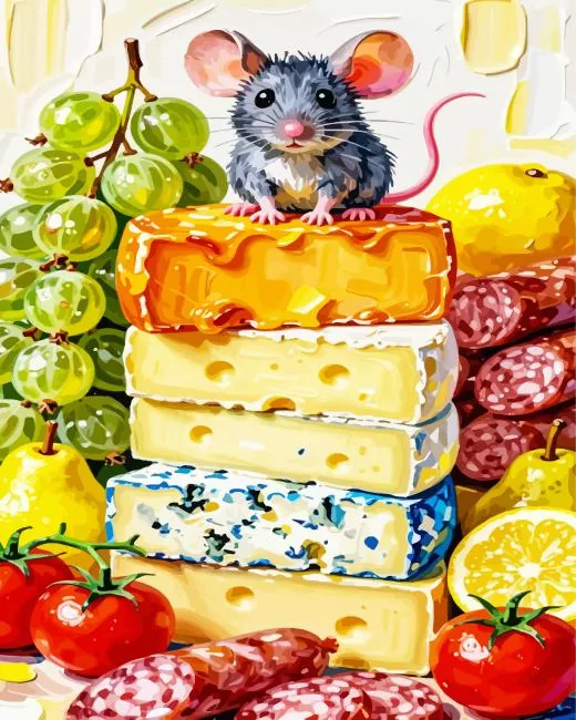 Little Mouse on Cheese Diamond Painting Kit Little Mouse on Cheese diamond painting kit — cute gray mouse sitting on stacked cheese surrounded by fruits and food