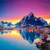 Lofoten village diamond painting with snowy mountains and sunset reflections