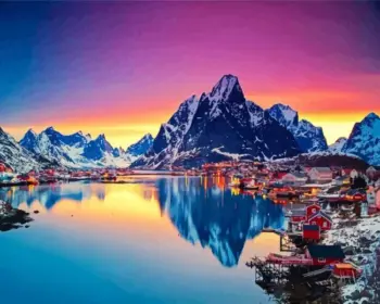 Lofoten village diamond painting with snowy mountains and sunset reflections