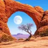 Moonlit desert arch diamond painting kit with full moon and lone desert tree
