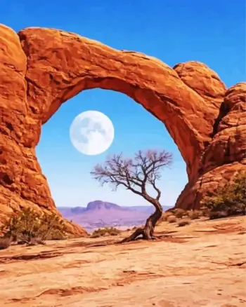 Moonlit desert arch diamond painting kit with full moon and lone desert tree