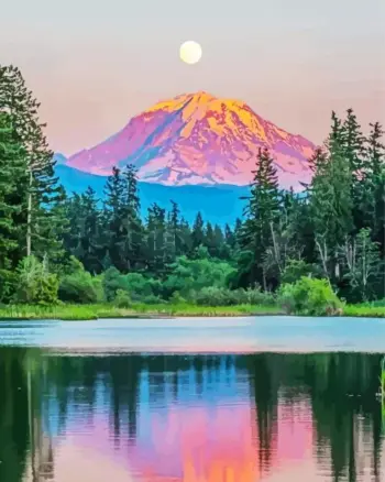 Moonlit Mountain Reflection diamond painting kit — colorful mountain beneath a full moon reflected in a peaceful lake