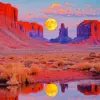 Desert moonrise diamond painting kit with golden full moon and red rock formations reflected in water