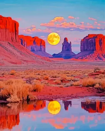Desert moonrise diamond painting kit with golden full moon and red rock formations reflected in water