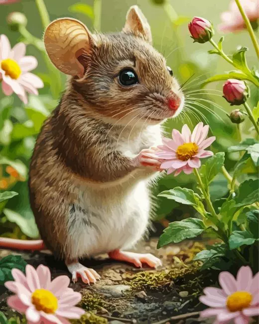 Mouse Among Pink Daisies Diamond Painting Mouse diamond painting kit — tiny mouse surrounded by pink daisies