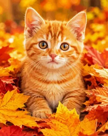 Orange kitten diamond painting kit — ginger kitten surrounded by colorful autumn leaves