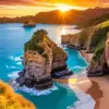 Rocky Cove at Sunset diamond painting kit — golden sunset over turquoise waters and dramatic coastal cliffs