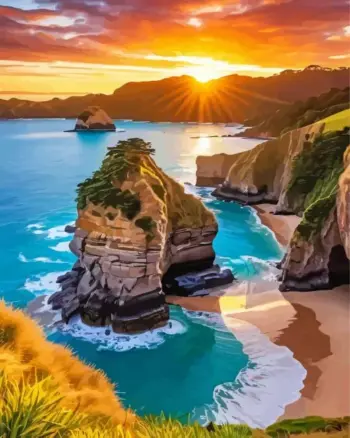 Rocky Cove at Sunset diamond painting kit — golden sunset over turquoise waters and dramatic coastal cliffs