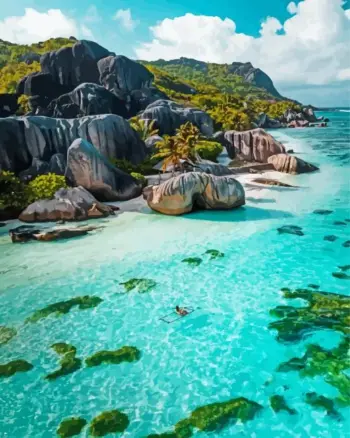 Seychelles diamond painting kit — turquoise ocean water, granite boulders, and tropical coastline